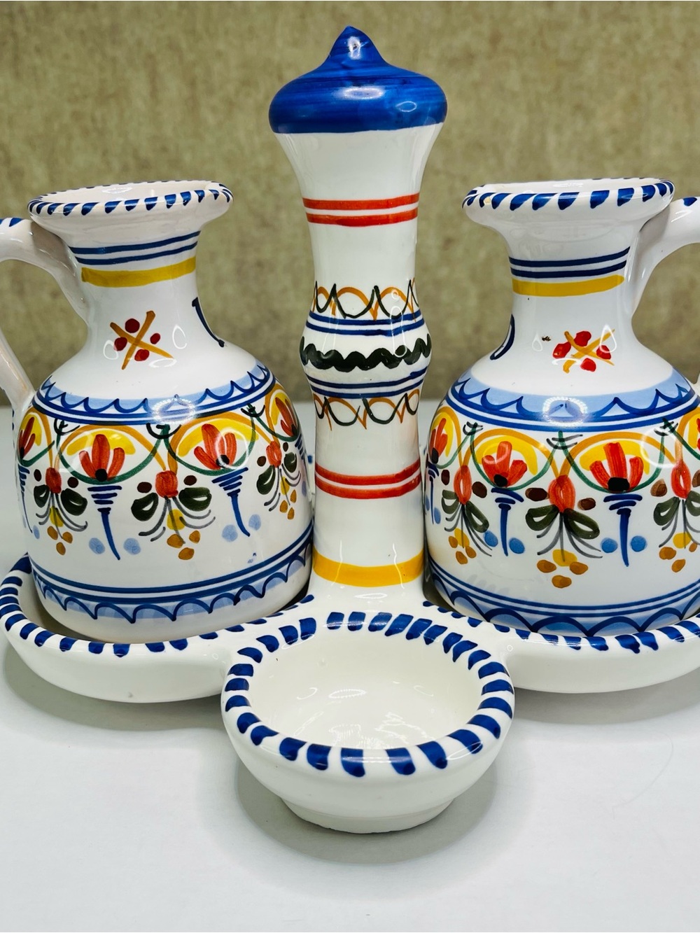 De La Cal Puente Spain Oil and Vinegar Cruet with Base Set of 3 Pieces
